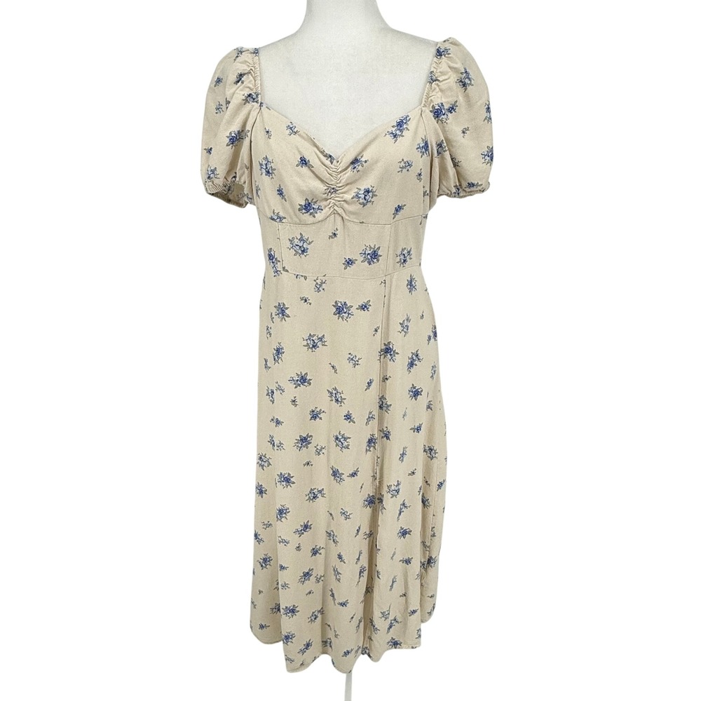 Clock House Midi Dress Womens M Off White Good Floral Linen Blend Puff Sleeve